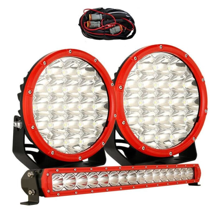 7 LED Driving Light Set + 22 LED Light Bar Combo - Red Face